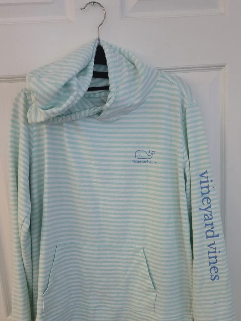 Vineyard Vines Light Aqua and White Striped Crewneck Hoodie Size M_2